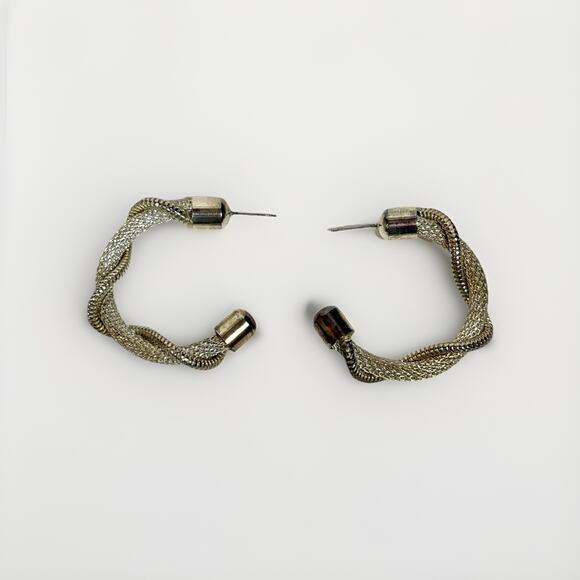 Silver Tone Open Mesh Earrings Twist Hoop 1.5" Earrings Chain Vintage Retro - Picture 6 of 8